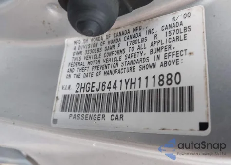 2000 Honda Civic Dx from USA, damaged, VIN 2HGEJ6441YH111880